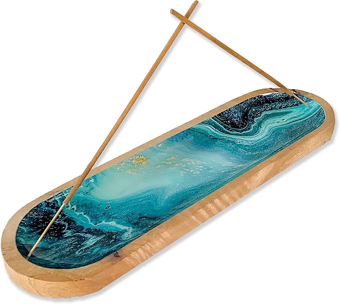 The Art Box Hand-Painted Incense Burner Holder Ocean Blue - 12x4x1 inch Wooden Long Incense Stick Tray Holder for Modern Gift, Ash Catcher Incense Stick Holder - Meditation & Yoga