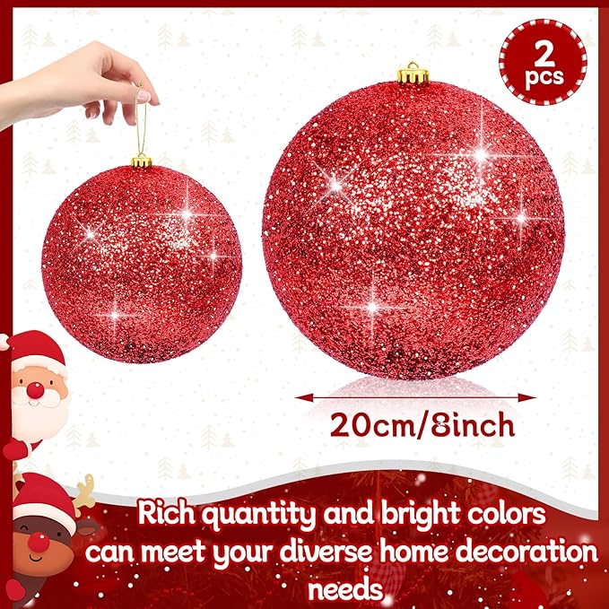 2Pack Red 8" Large Christmas Balls Christmas Tree Decoration Ornaments Shatterproof Glitter Christmas Hanging Balls for Christmas Tree Party Wedding Indoor Outdoor Holiday Decoration(Red, 8inch-2pcs)