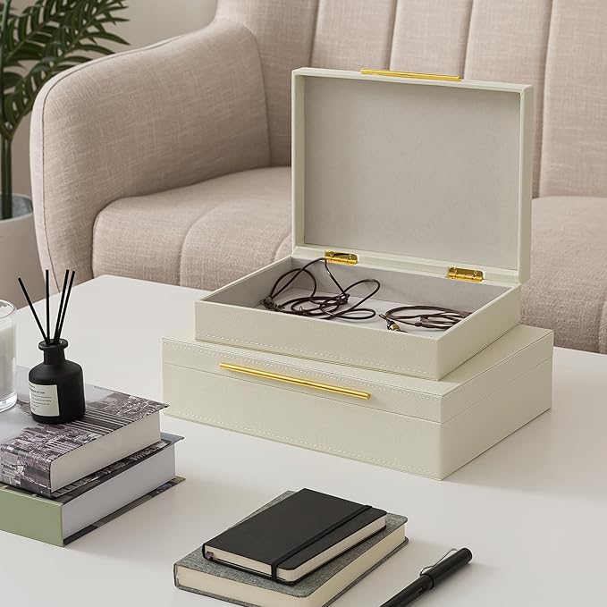 Soul & Lane Faux Leather Decorative Boxes with Lids and Gold Hardware for Home Decor, Set of 2 Stacking Hinged Boxes for Coffee Table and Living Room Shelves, Nesting Remote Control Holder, Ivory