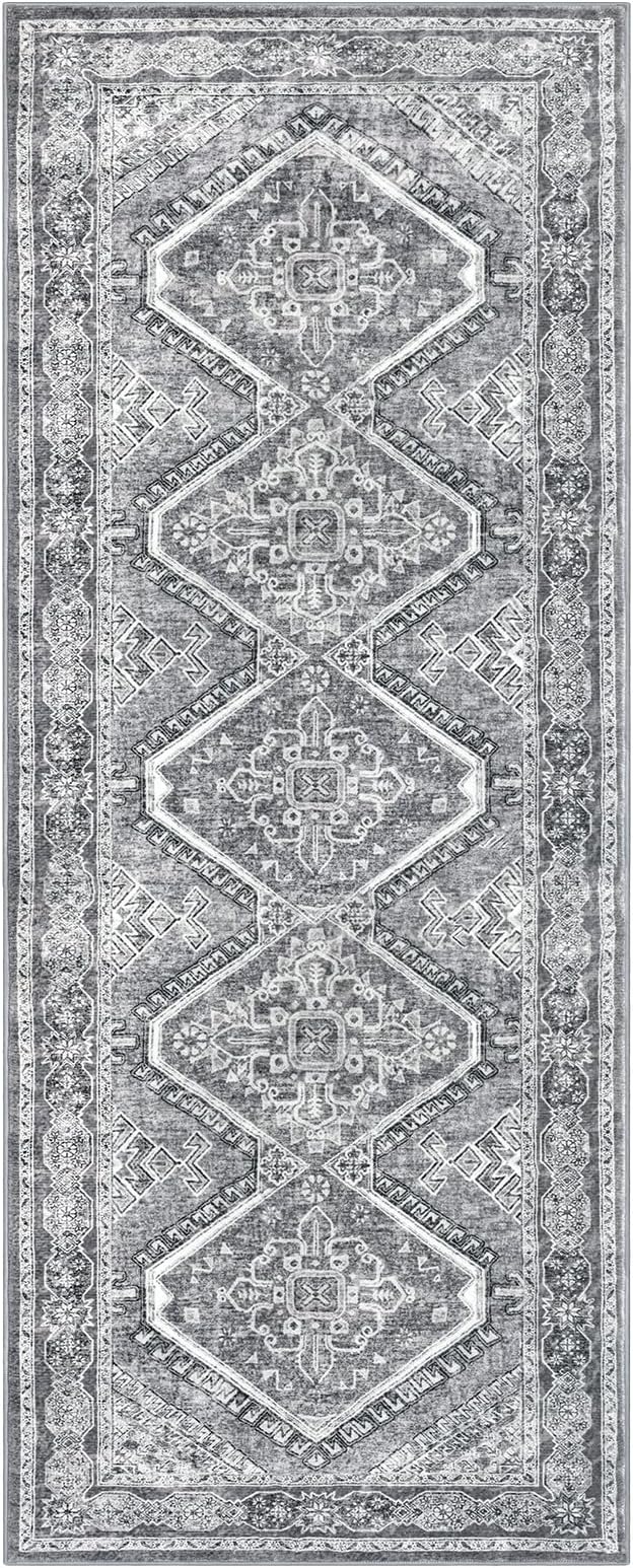 KUTA Oriental Washable Runner Rug, 2x5 Runners Non-Slip Vintage Grey 5ft Hallway Kitchen Rugs Ultra Soft Printed Distressed Tribal Farmhouse Carpet for Bedroom Entryway Decor