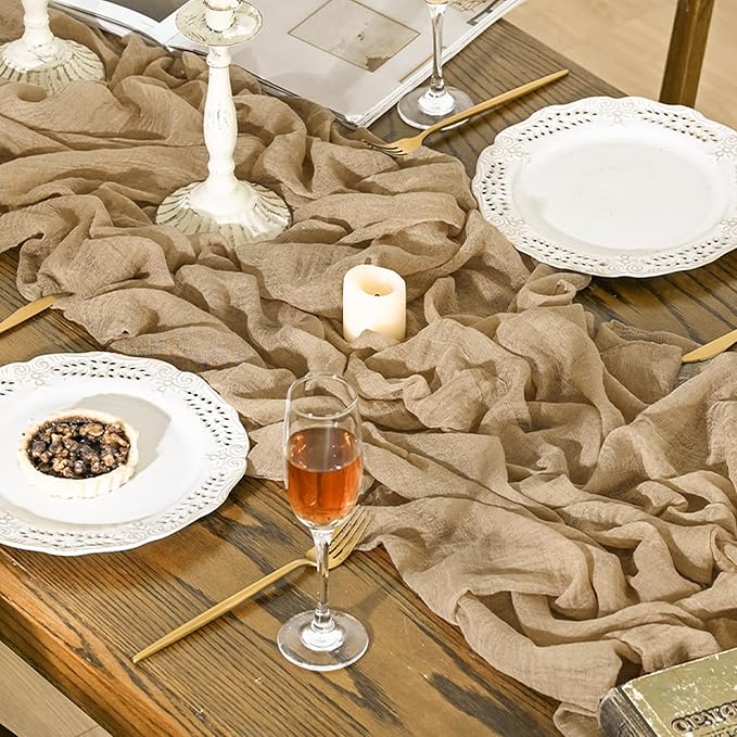 Artoid Mode Boho Cheesecloth Gauze Sand Wedding Table Runner, 120 Inch Seasonal Fabric Kitchen Dining Holiday Table Decor for Home Party Indoor