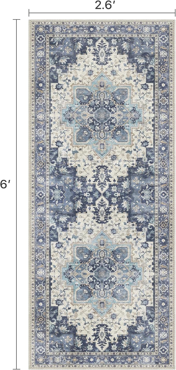 2'6''x6 Runner Rugs for Hallway, Machine Washable Non Slip Vintage Rugs, Low Pile Lightweight Soft Print Rug for enrtyway, Corridor, Home Office, Kitchen, Center Blue