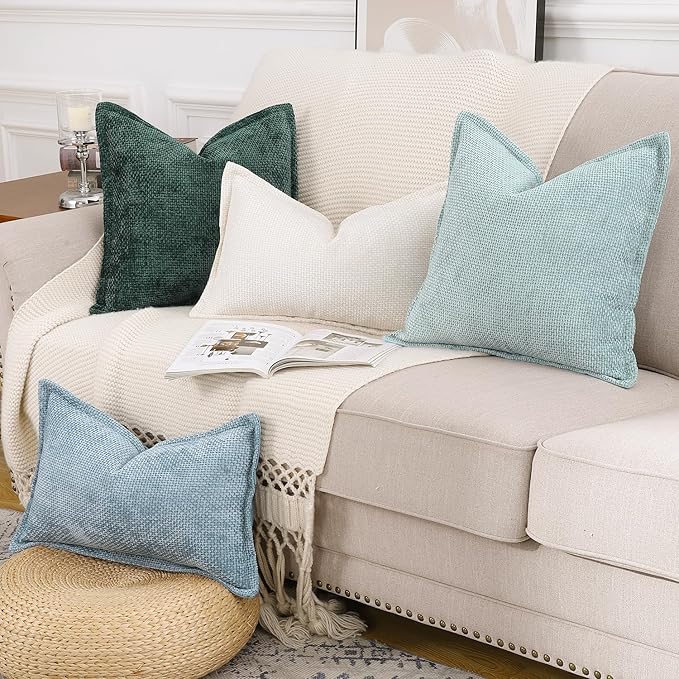 MADIZZ Chenille Velvet Throw Pillow Covers with Flange Set of 2 Super Soft Boho Textured Pillow Covers Decorative Throw Pillowcases Modern Farmhouse Home Decor for Sofa Bedroom Dark Green 18x18 Inch