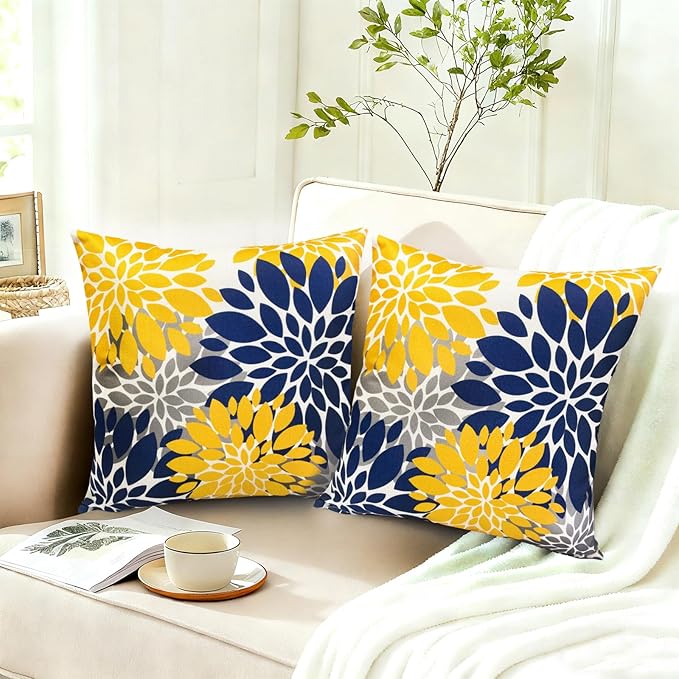 Decorative Throw Pillow Covers Set of 2 Blue Yellow Pillow Covers 18x18 Inch Couch Pillow Covers for Sofa Living Room Outdoor Throw Pillow Cover Linen Floral Flower Farmhouse Pillowcase
