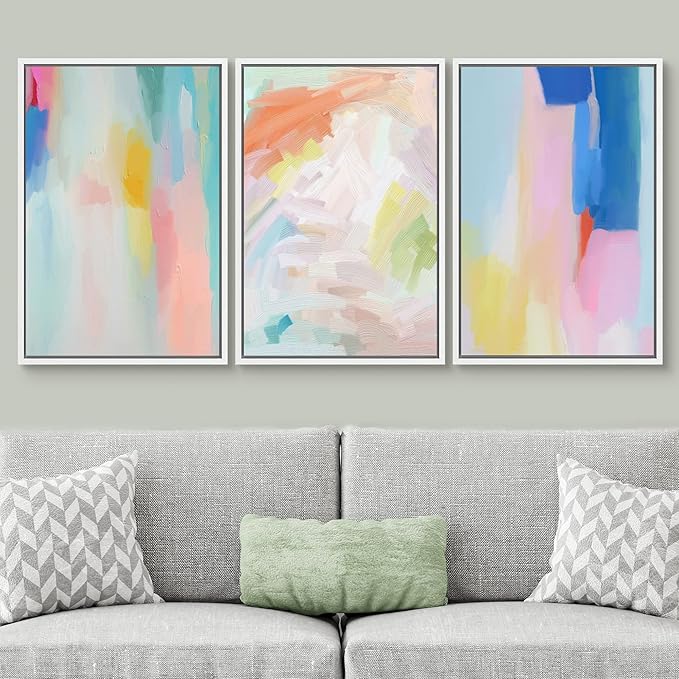 SIGNWIN Framed Canvas Print Wall Art Set Watercolor Pastel Rainbow Paint Stroke Shapes Abstract Illustrations Modern Art Decorative Nordic Calm/Zen for Living Room, Bedroom, Office - 24"x36"x3 White
