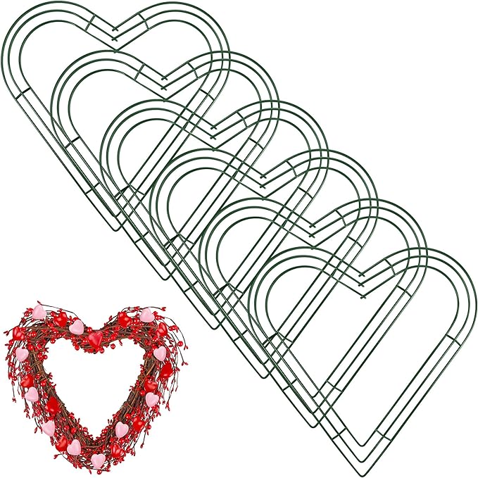 Aodaer 6 Pack 16 Inch Heart Wire Wreaths Frame Heart Metal Wreath Garland Green Wire Flower Wreath for Valentine's Day, Wedding Party, Home Ceremony Decoration