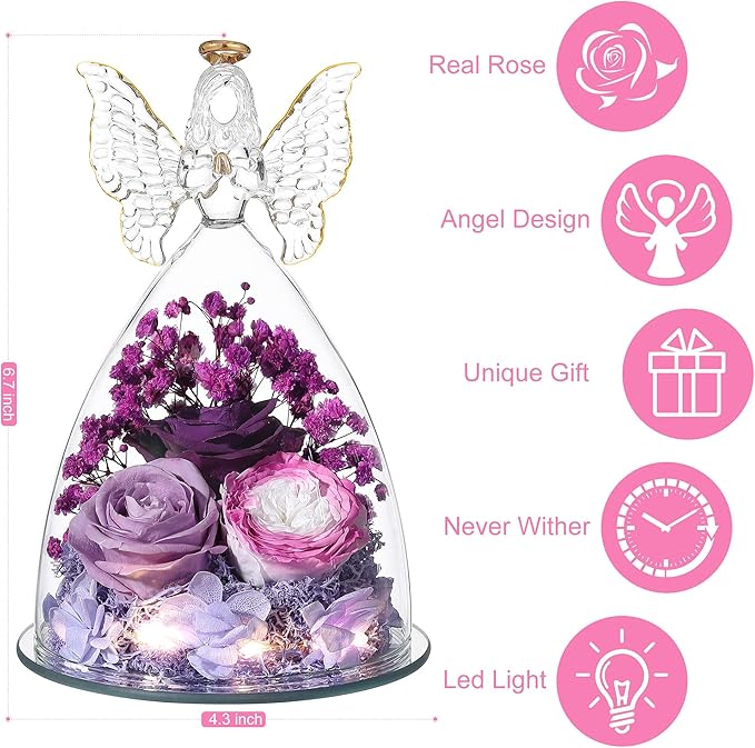 Christmas Rose Gifts for Women Preserved Real Flower in Glass Angel Figurines Roses for Delivery Prime Birthday Gifts for Mom Grandma Girlfriend Wife Her, Colorful Purple