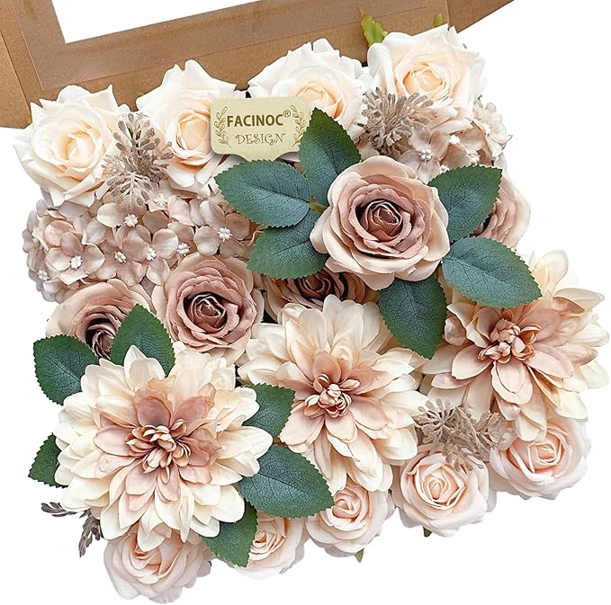 Roses Artificial Flowers Bouquets Box Set for DIY Bridal Wedding Shower Decorations Centerpieces for Table Fake Floral Arrangement for Party Home Decor Indoor Taupe Beige