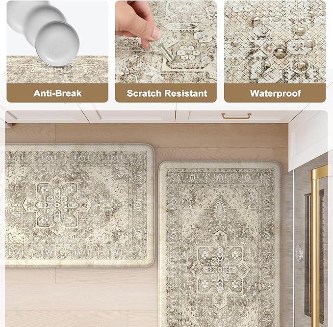 KIMODE Anti Fatigue Kitchen Mats for Floor, 20"x71" Boho Oriental Kitchen Rug, Padded Kitchen Floor Mats Non Slip, Cushioned Standing Mats for Front of Sink Laundry Desk Bedroom Khaki