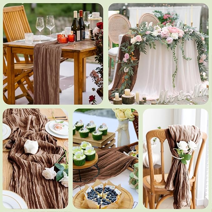 Asee'm 6pcs Cheesecloth Table Runner 120 Inches Long Brown Boho Gauze Cheese Cloth Runner 10FT Rustic Sheer Fall Table Runners for Thanksgiving Christmas Wedding Party Baby Shower Decoration