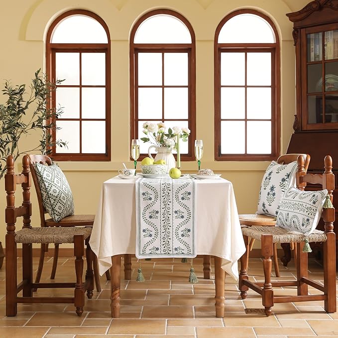 ISAENNE Designer White Elegant Linen Table Runner 102 Inches Long,Chinoiserie Floral Decor Durable Table Runners for Dining Tables,Thanksgiving,Kitchen Tables,Christmas,12"*102"-Mosella D