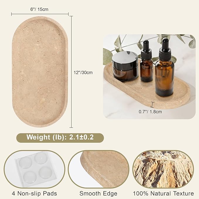 Natural Travertine Vanity Tray for Bathroom Countertop, 12" L x 6" W Light Beige Cream Decorative Tray with 4 Non-Slip Silicone Gaskets, Marble Tray for Jewelry, Perfume, Dresser Organizer