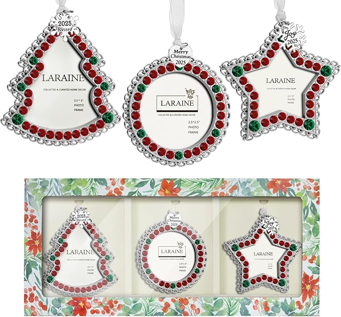 Laraine Christmas Tree Ornaments 3 Pieces – Decorative Hanging 2025 Rhinestones Pendant with Small Picture Frame Insert for Pet Holiday Keepsake Gift (Green&Red (2025))