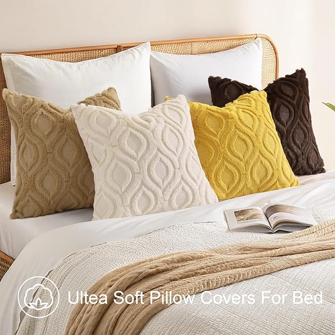 decorUhome Throw Pillow Covers 16x16 Inch Set of 2, Soft Plush Faux Wool Mustard Yellow Solid Couch Pillow Covers, Accent Farmhouse Neutral Square Pillow Cases for Sofa Bed Living Room