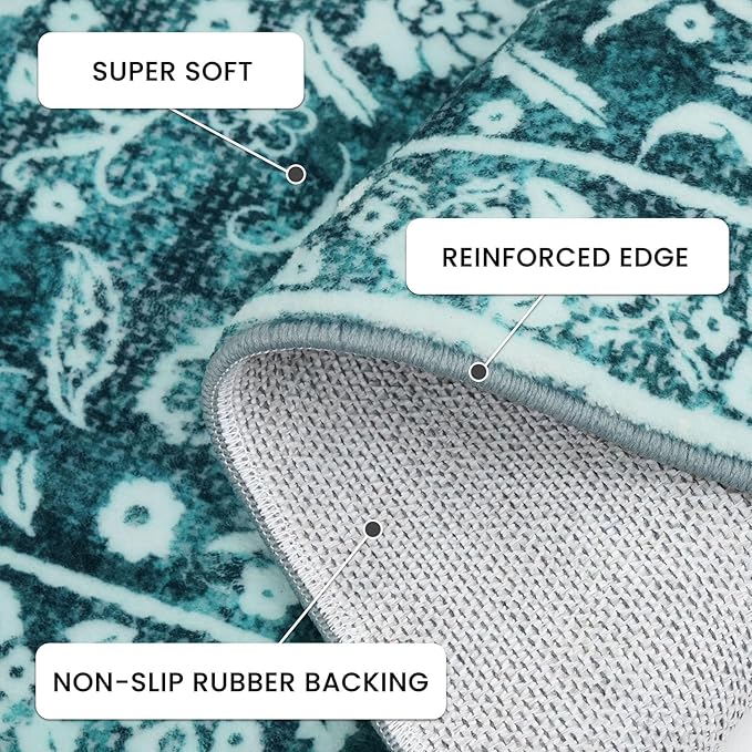 Vintage Washable 2x5 Rug Runner, Dark Teal Runners for hallways, Super Soft Kitchen Runner Rug Non Slip, Print Faux Wool Floral Thin Carpet Runner for Entryway Indoor Bedroom
