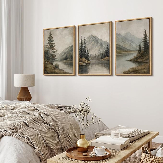 MUDECOR Framed Wall Art Print Set Mountain Landscape Nature with Trees, Lake, and Mountains, Rustic Illustrations Modern Art Decorative Colorful for Living Room, Bedroom, Office - 16"x24"x3 Natural