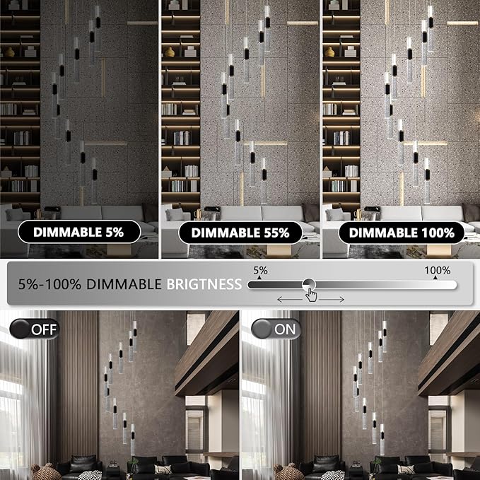 High Ceiling Chandelier Modern 9-Light Led Foyer Chandelier for Entryway Staircase with Remote Controller (3000K-6500K,10%-100% Brightness)