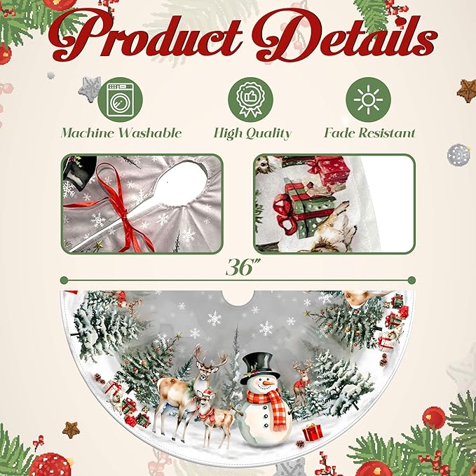 Christmas Tree Skirt 36 Inch,Snowman Reindeer Snowflake Xmas Decor, Winter Christmas Tree Mat for Home Party Holiday Indoor Outdoor Decorations