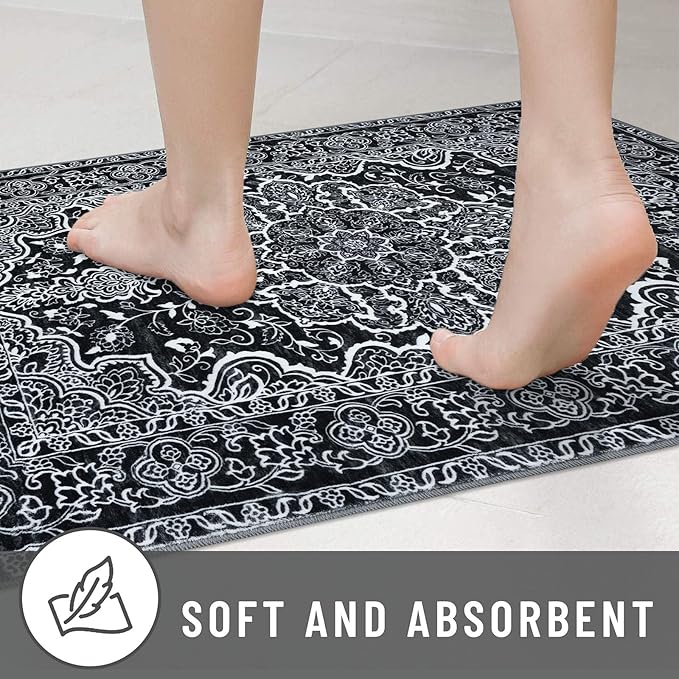 KUTA Area Rugs 9x12 Living Room, Vintage Medallion Washable Large Rug for Bedroom 9ft x 12ft Non-Slip, Black Ultra Soft Printed Modern Floral Distressed Low-Pile Dining Room Carpet