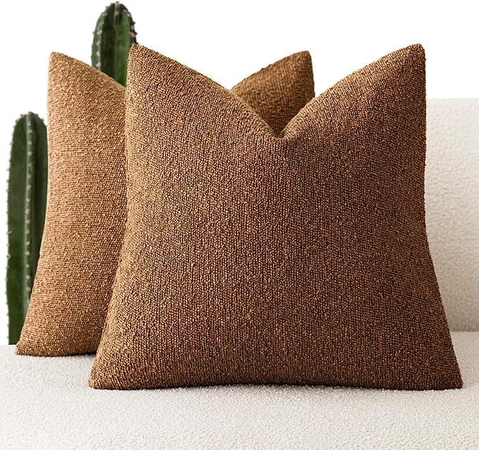 Foindtower Pack of 2, Decorative Textured Boucle Throw Pillow Covers Neutral Accent Solid Pillow Cases Cozy Soft Couch Cushion Case for Chair Sofa Bedroom Living Room Home Decor 22x22 Inch Hazel Brown