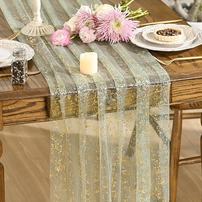 Artoid Mode Sage Green Gold Gauze Table Runner 120 Inch 10FT, Glitter Metallic Foil Sheer Dining Wedding Anniversary Holiday Birthday Table Decor for Home Party