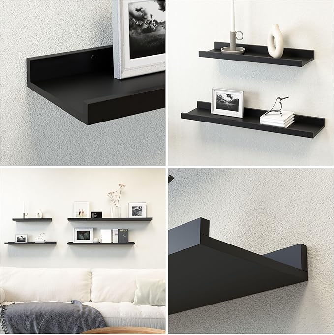 55.1 Inches Long Floating Shelves, 2 Set Modern Wall Shelf for Bedroom, Nursery Book Shelf with Lip, Picture Ledge Shelf for Wall Decor Living Room Bathroom Kitchen - Black
