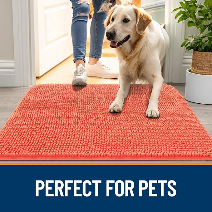 OLANLY Dog Door Mat for Muddy Paws 40x24, Absorbs Moisture and Dirt, Absorbent Non-Slip Washable Doormat, Quick Dry Chenille Mud Mat for Dogs, Entry Indoor Entryway Carpet for Inside Floor, Coral