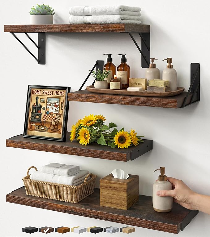 BAYKA Wall Shelves for Bedroom Decor, Floating Shelves for Wall Living Room Kitchen Storage, Mounted Rustic Wood Floating Shelves for Kids Books, Corner Shelf for Bathroom(Rustic Brown，Set of 4)