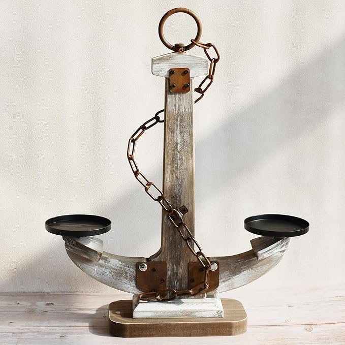 Wooden Anchor Candle Holder for 2 Candles，Rustic Candlestick Stand for Table Centerpiece ，Tall Candlestick with Unique Anchor Design for Home, Nautical,Beach & Lake House Decor（Brown）