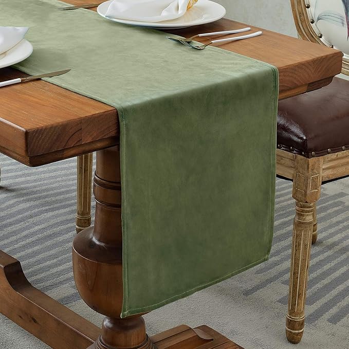 BALCONY & FALCON Velvet Table Runner 14"x71" Olive Luxury Machine Washable Farmhouse Vintage Runner for Table Dining, Party, Wedding, Birthday, Easter, Thanksgiving & Christmas & Home Décor