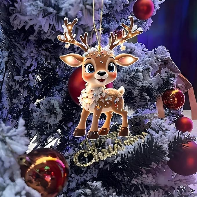 2 PCS Cute Elk Acrylic Christmas Hanging Ornaments - Transparent Flat Pendant with Hanging Ropes for Christmas Tree, Car Rearview Mirror, Home Indoor Outdoor Party Decor