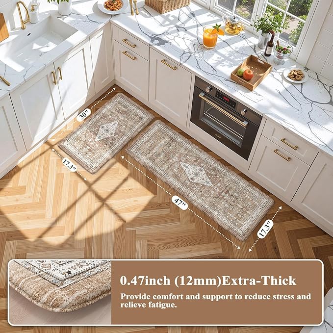 Collive Boho Kitchen Mats for Floor 2 Piece, Cushioned Anti Fatigue Mat Comfort Soft Standing Desk Carpet, Non Skid Wforaterproof Sink Rug for Home Office, Decor, 17.3"x29"+17.3"x47"
