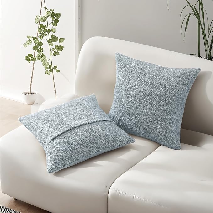 HAUSSY Set of 2 16x16 Decorative Throw Pillow Covers, Soft Cozy Textured Boucle Couch Cases, Home Decor for Couch Bed Living Room, Dusty Blue