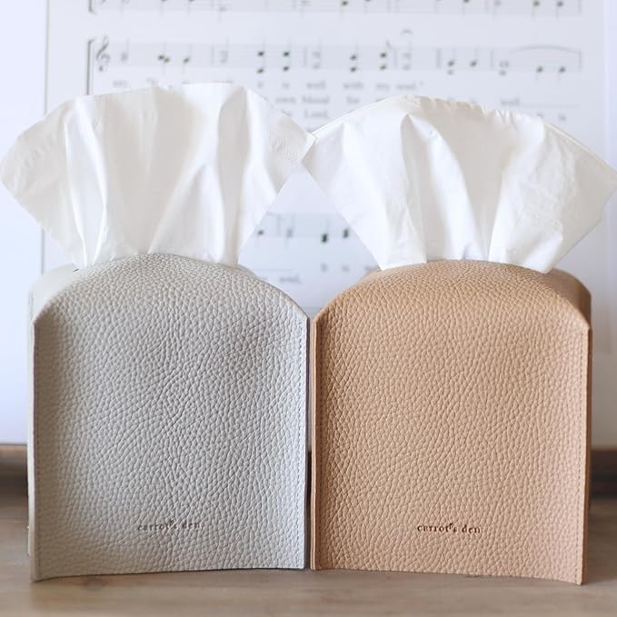 Tissue Box Cover Holder, Square with Bottom Belt by Carrot's Den - PU Leather Decorative Organizer for Tabletop, Bathroom, Car, Office | Beige