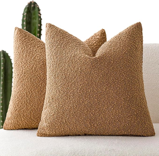 Foindtower Set of 2, Decorative Textured Boucle Throw Pillow Covers Accent Solid Pillow Cases Neutral Soft Couch Cushion Case for Chair Sofa Bedroom Living Room Home Decor 26 x 26 Inch Rust Tobacco