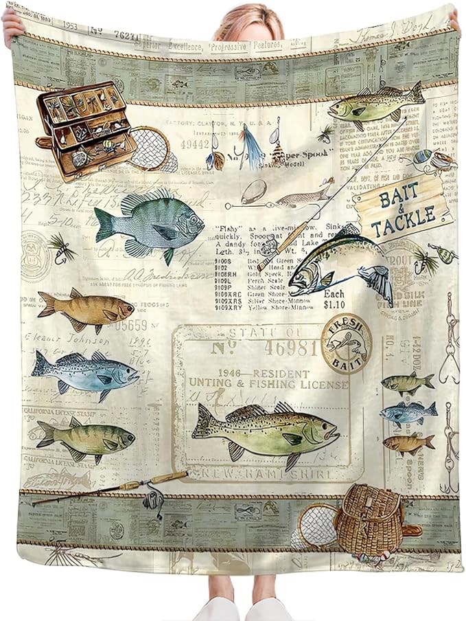 Tijuboni Fishing Throw Blanket Cabin Fishing Gifts for Men Boys Women Girls Adults Kids Soft Flannel Fleece Blanket for Couch Sofa Bed Home Decor 60"x80"