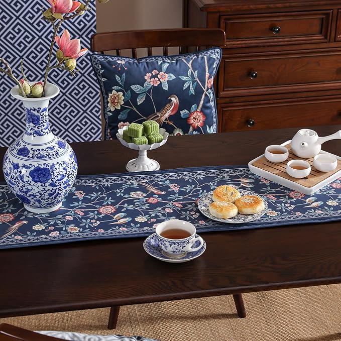 patdrea Vintage Chinoiserie Floral Table Runner Farmhouse for Home Kitchen Dining Decor Parties Family Dinners 12"*87"