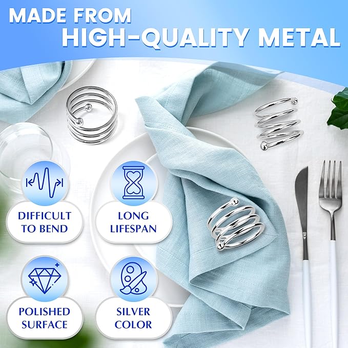Silver Napkin Rings Set of 8 – Elegant Valentine Napkin Ring Holders, Sturdy Metal Holiday Table Decor for Weddings, Parties & Family Dinners, Great Kitchen Gifts Idea for Hosts & Seasonal Holidays