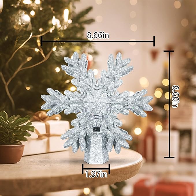 Christmas Snowflake Tree Topper with Rotating LED Projector, 3D Glitter Snowflake Plug-in Tree Top Ornament for Indoor Christmas Tree Decorations Holiday Decor