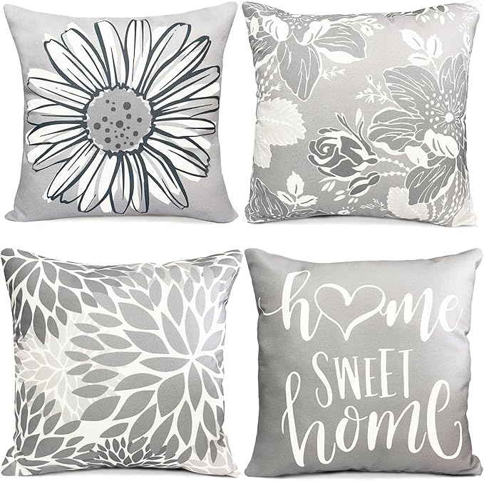 Decorative Throw Pillow Covers Set of 4 Gray Pillow Covers 18x18 inch Throw Pillow Cases Grey Linen Square Pillow Case,Farmhouse Outdoor Modern Boho Pillow Covers for Couch Sofa Living Room