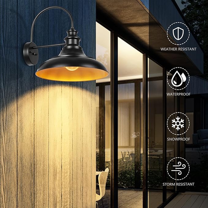 Dusk to Dawn Sensor Outdoor Barn Light Fixtures, 16 Inch Dome Farmhouse Outdoor Wall Sconces, Rustic Exterior Wall Mount Lights, Industrial Black Gold Wall Lanterns for Porch, 2 Pack