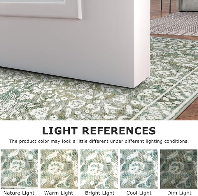 Vintage 3x8 Hallway Rug, Sage Green Beige Washable Hallway Runner Rug Non Slip, Super Soft Kitchen Runner Rug, Print Faux Wool Floral Thin Carpet Runner for Entryway Indoor Bedroom