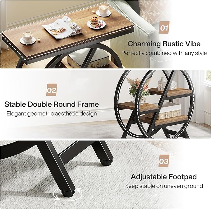 Tribesigns End Table Set of 2, 3-Tier Narrow Sofa Side Table with Storage for Living Room, Wood End Table with Geometric Metal Frame, Industrial Nightstand and Bedside Table for Bedroom, Light Brown