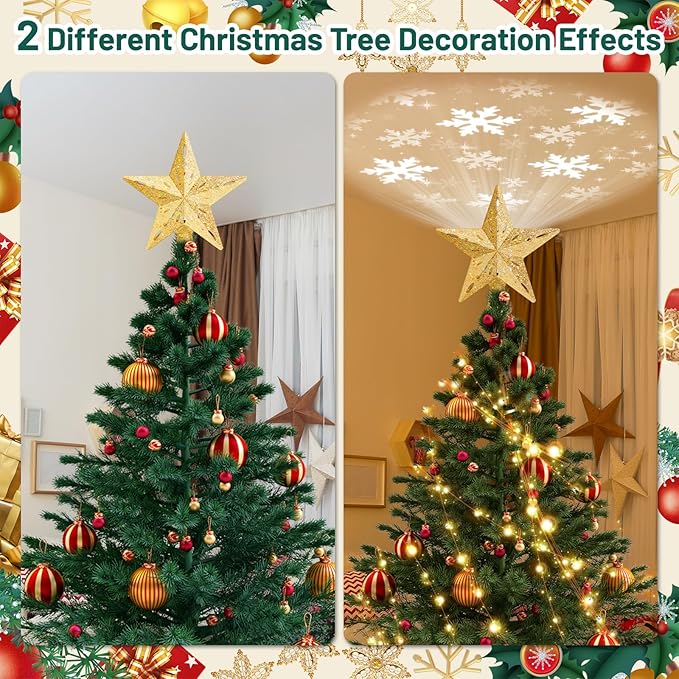 Christmas Tree Topper Lighted with 6 Projection Modes,Christmas Star Tree Topper Built-in LED Rotating Projector Lights 3D Sparkling Christmas Tree Decorations for Xmas Party Holiday Decor(Golden)