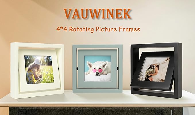 4x4 Double-Sided Rotating Floating Square Picture Frames (2 Pack, Teal Blue), Solid Pine Wood with Real Glass for Horizontal Vertical Standing Display Desk Tabletop Photo Frames