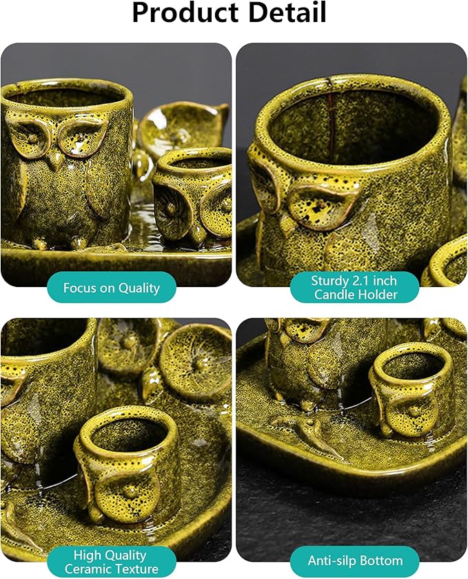 Comeon Palo Santo Holder, 4 in 1 Ceramic Owl Backflow Incense Burner Holder Candle Holder Sage Holder for Burning Bow(Yellow)