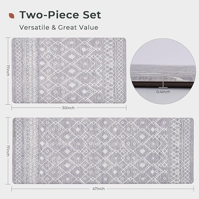 FRESHMINT Anti Fatigue Kitchen Mats for Floor 2 Piece Set, Waterproof & Non-Skid Moroccan Geo Kitchen Rugs, Cushioned Kitchen Mat for Standing Washable Comfort Desk Kitchen Runners, 17x30''+17x47''