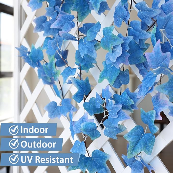 mizii 2 Strands Artificial Vines Blue Ivy Garland 74" Fake Vine with Silk Leaves Faux Hanging Plants Greenery Decoration for Outdoors Wedding Party Indoor Bedroom Home Wall Room Decor (Blue)