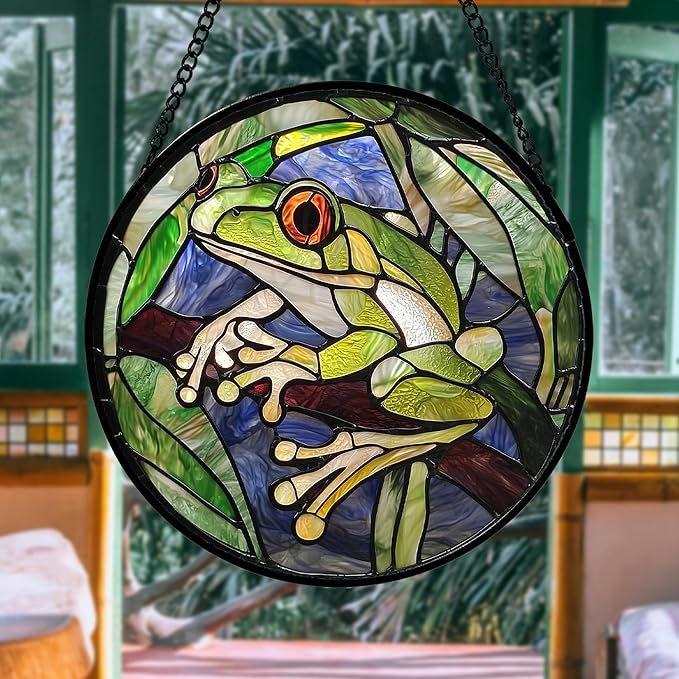 Stained Glass Window Hanging, Teal Frog Sun Catcher for Door Home Decor Green Suncatcher Christmas Mother's Day Birthday Gifts for Women Men Mom and Nana 7.8 in