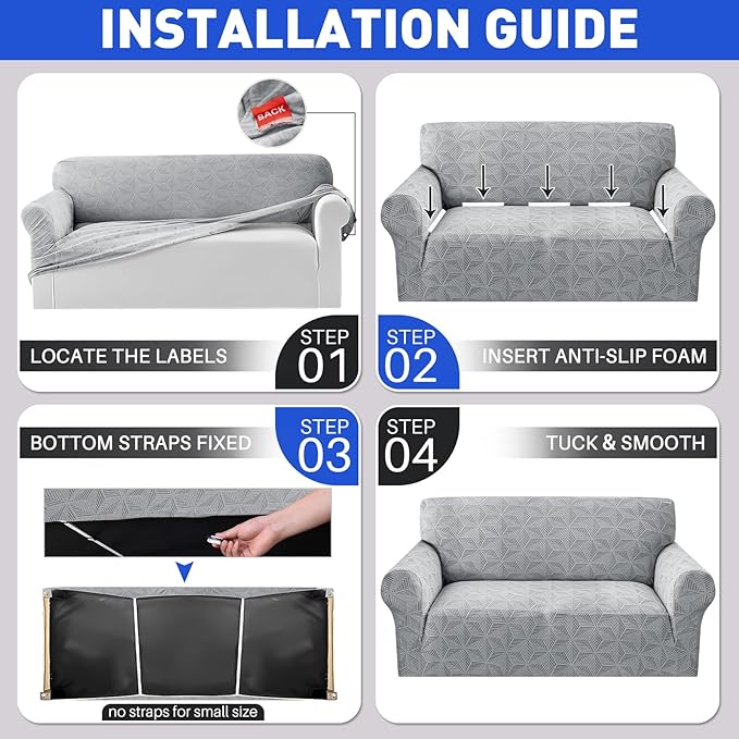 YEMYHOM 1 Piece Stretch Couch Covers for 2 Cushion Couch, Jacquard Loveseat Cover with Non-Slip Elastic Bottom, Thickened Slipcover Furniture Protector for Dogs Pets (Medium, Light Gray）